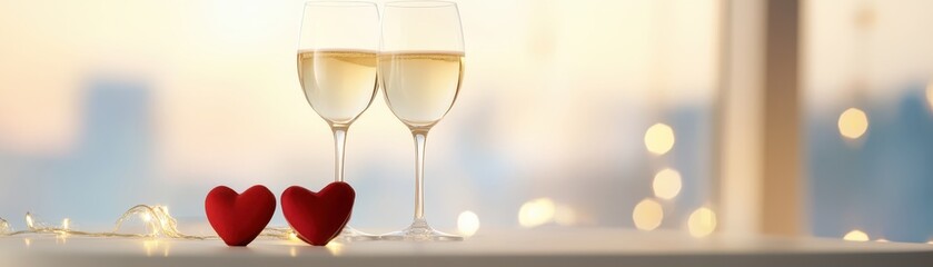 Romantic celebration, two champagne glasses with hearts symbolize love and affection