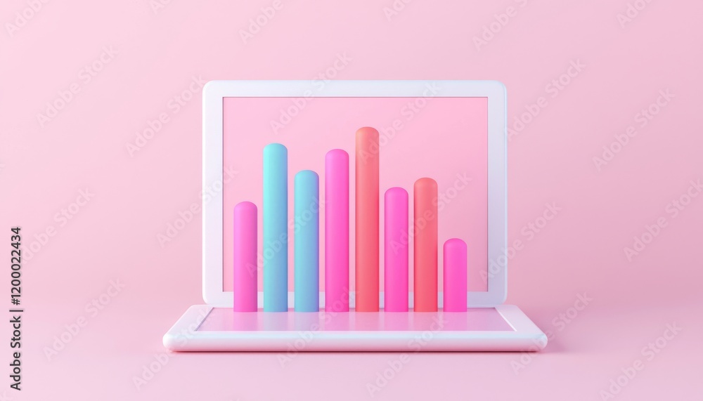 Poster stylish laptop displaying colorful bar graphs on a pink background, ideal for modern business and da