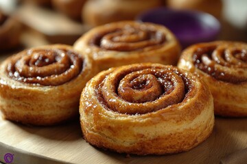 Freshly baked cinnamon rolls arranged on a rustic wooden cutting board, perfect for breakfast or brunch