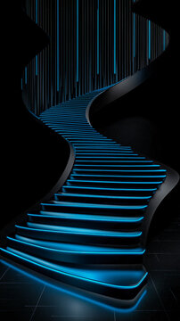 Staircase with steps illuminated with blue neon light.