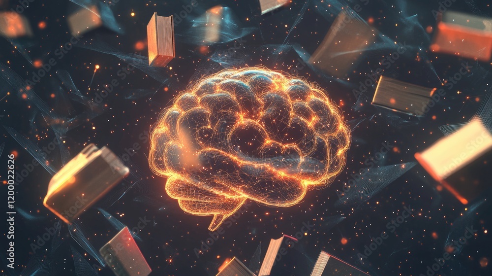 Poster illuminated brain surrounded by floating books