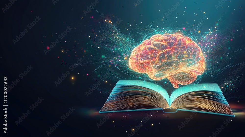 Poster Luminous Brain Emerging From Open Book of Knowledge