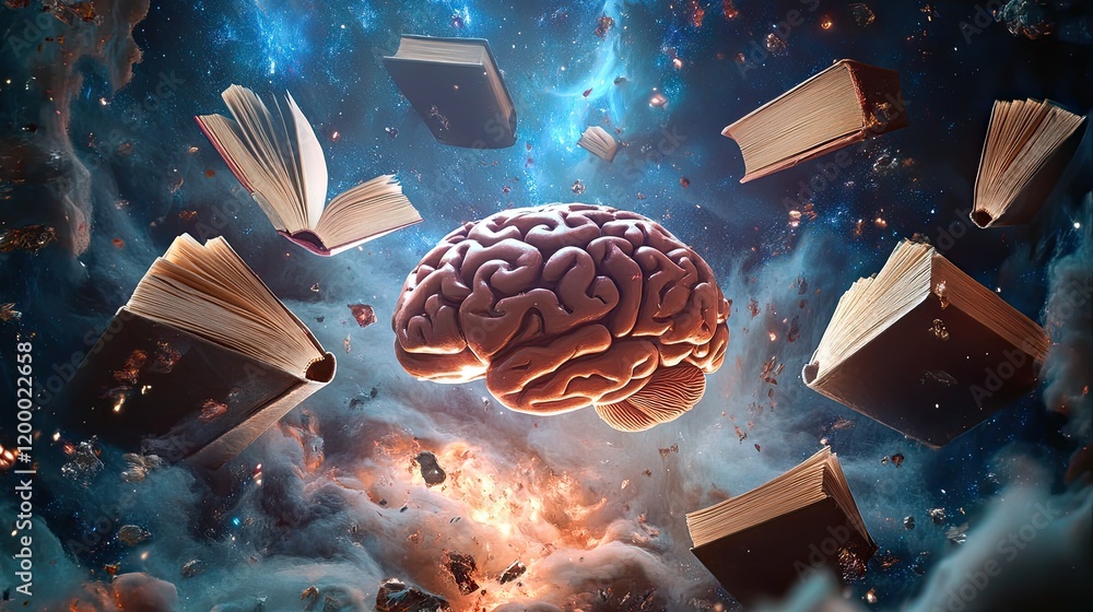 Poster a human brain surrounded by floating books in space