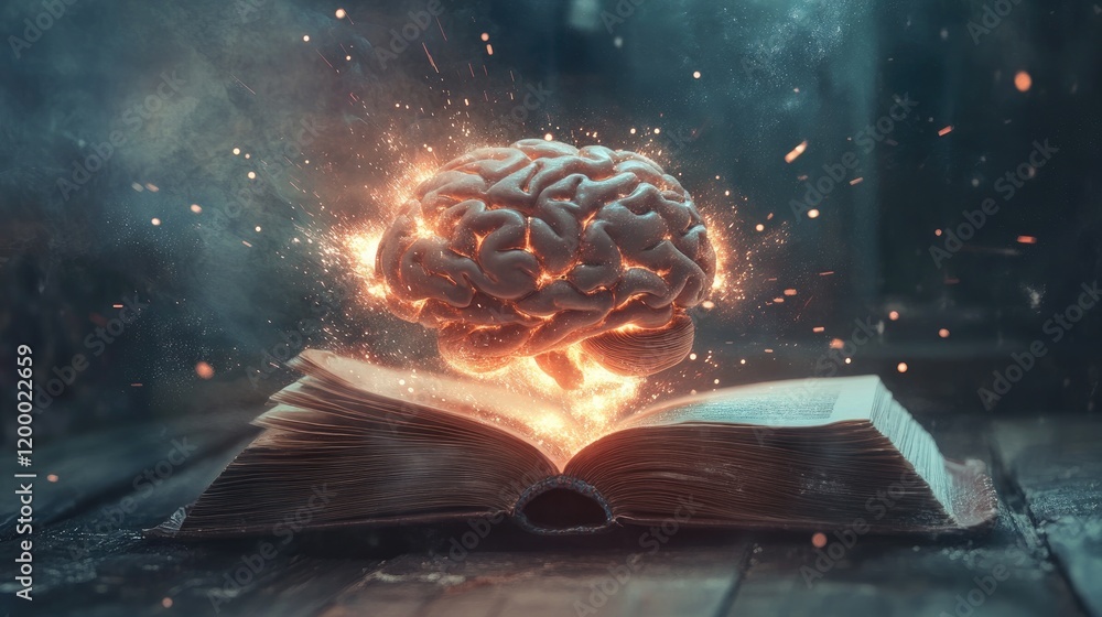 Poster Flaming Brain Emerging From Ancient Book Of Knowledge