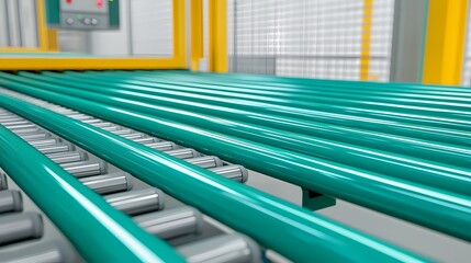 Fototapeta premium A close-up view of a modern conveyor system featuring sleek, teal rails and metallic rollers, highlighting its industrial design and functionality.