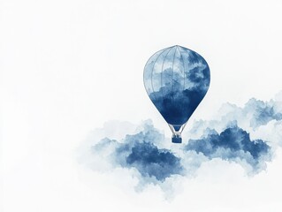 Fototapeta premium A striking cut-out graphic of a hot air balloon in monochromatic shades of blue, floating over sharp-edged geometric clouds in gradient white and grey tones, set against a pure white background for hi