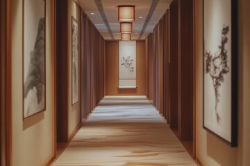Serene Hotel Corridor With Asian Art And Soft Lighting