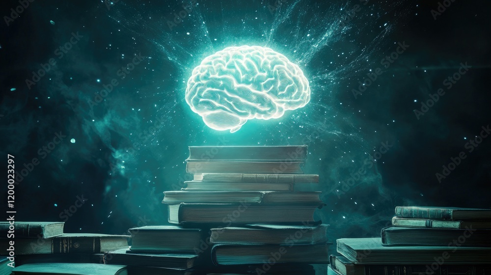 Poster glowing brain above stack of ancient books