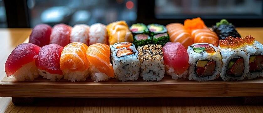 Fresh Assortment of Sushi on a Wooden Platter with Varied Colors and Textures, Perfect for Japanese Cuisine Enthusiasts and Food Lovers Capturing Culinary Delight