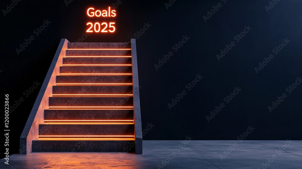 Poster achieving future aspirations a visual journey towards goals 2025 on illuminated steps in a modern se