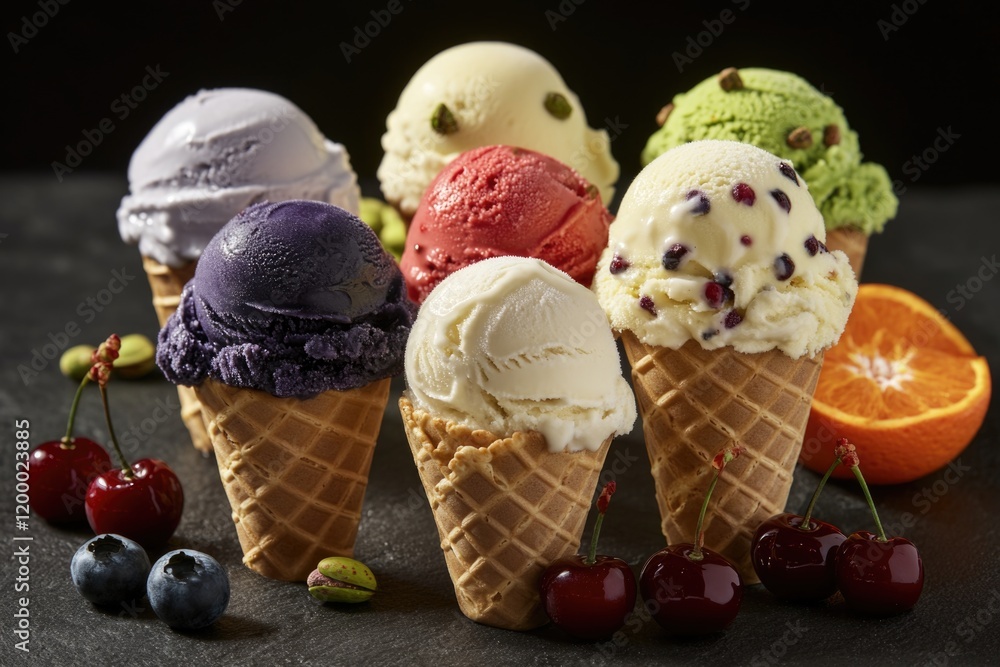 Poster a collection of colorful ice cream cones arranged neatly on a table