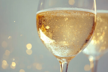 Two glasses of champagne bubbling, set against a romantic sunset backdrop.