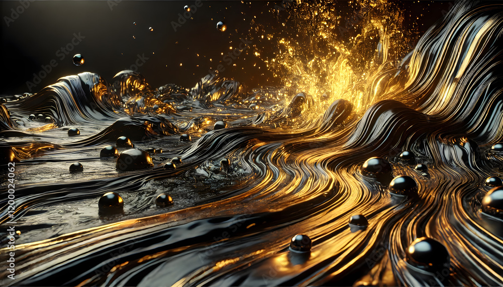 Poster dynamic close-up of a metallic golden and black liquid flow with glossy reflections and intricate te
