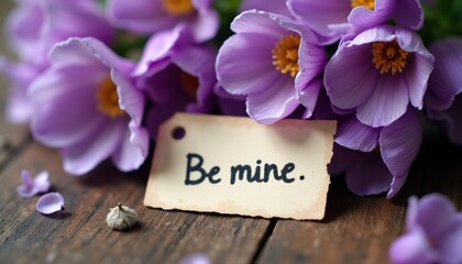 Rustic Wooden Table Wrapped in Vibrant Purple Flowers and Heartwarming Be Mine Tag