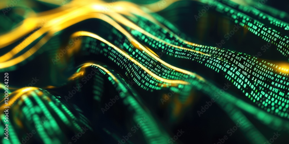 Poster a close-up shot of a computer screen displaying green and yellow lines, suitable for tech-related il