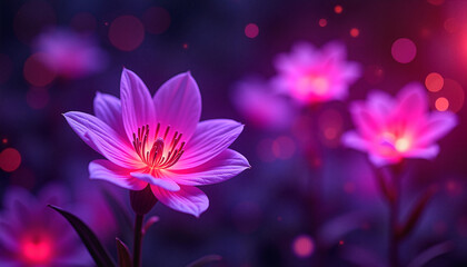 Obraz premium Glowing pink flowers with bokeh lights at night