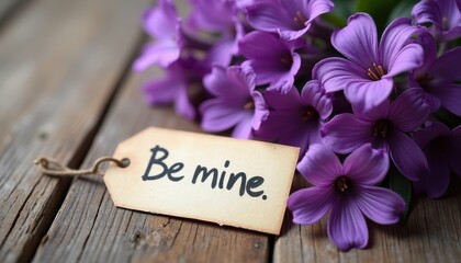 Naklejka premium Cheerful Wooden Table with Be Mine Tag and Vibrant Purple Flowers Creates Inviting Scene