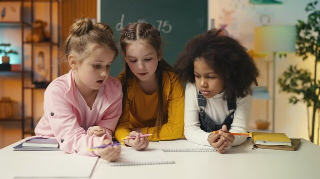 Schoolgirls focus on their homework in class, talking about the math problem