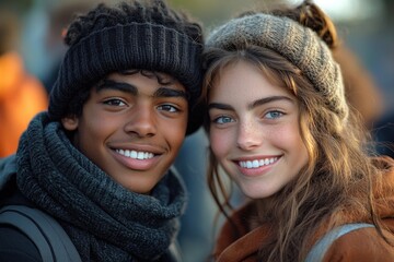 Obraz premium A pair of young adults standing side by side, probably in love or celebrating a special moment