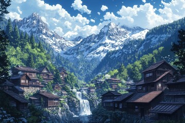 Mountain Village Waterfall Scene Idyllic Tranquil Setting