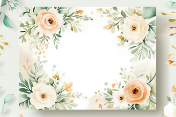 Elegant watercolor wedding invitation with soft pastel flowers and gold accents, free place for text in the center, surrounded by floral wreath.