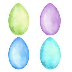 A bundle of four colorful eggs. Green, blue, lilac and turquoise. Easter eggs. Easter holiday clipart. Hand-drawn watercolor illustrations