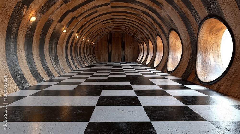 Poster a curved wooden tunnel with circular windows and a checkered floor. the image evokes a surreal and p