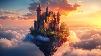 Majestic Castle Perched Atop A Floating Island In The Clouds