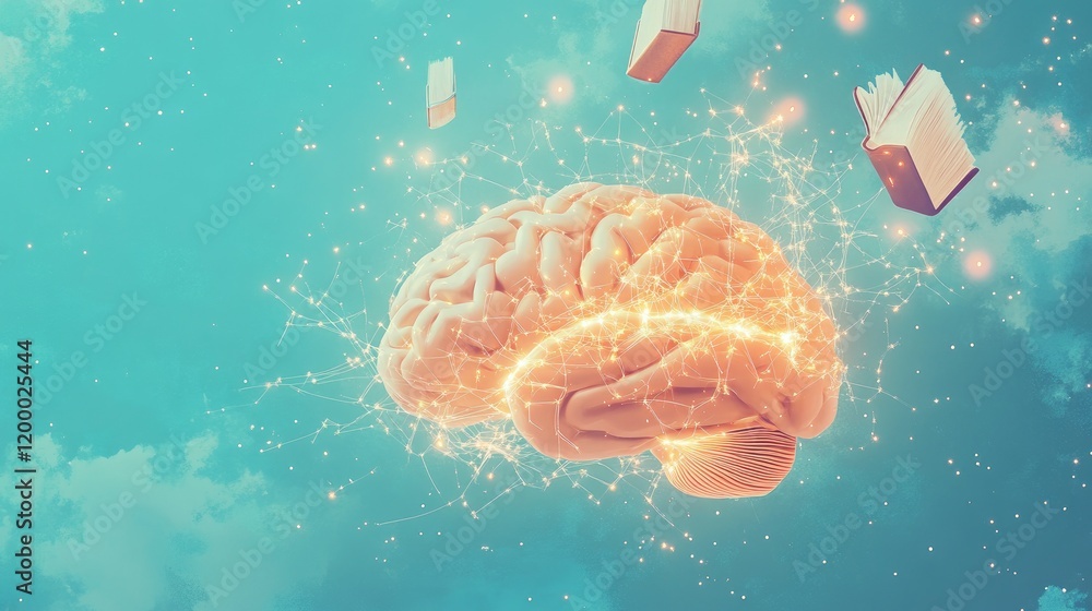 Poster illuminated brain absorbing knowledge from books