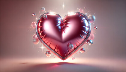 Glossy pink metallic heart surrounded by sparkling bubbles and shimmering light effects, evoking love and elegance..