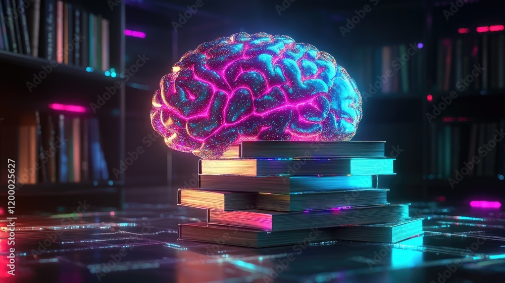 Poster illuminated brain rests atop stack of books