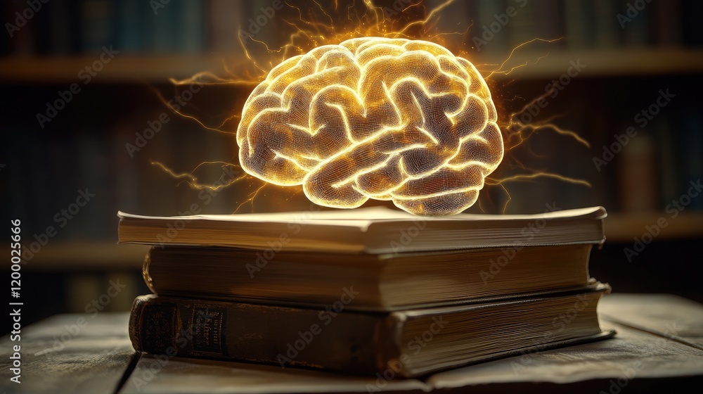 Poster glowing brain above stack of ancient books
