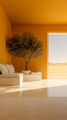Cozy interior with warm yellow walls and a serene view of nature