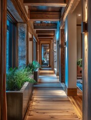 Fototapeta premium Rustic Wooden Hallway With Planters And Natural Light