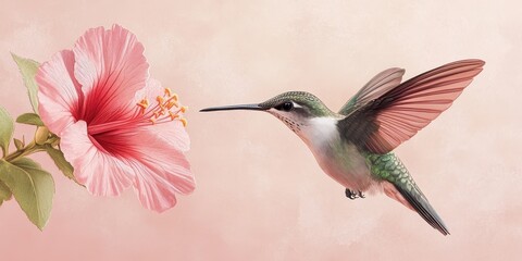 Naklejka premium Hummingbird in Flight Near Pink Hibiscus Flower