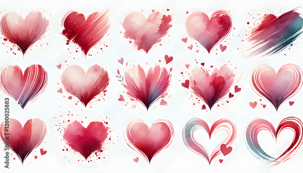 Poster collection of abstract red and pink watercolor hearts in various artistic patterns and textures on a