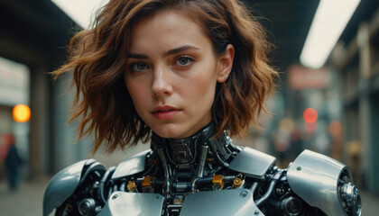 Closeup of a Confident Humanoid Robot Girl with Detailed Skin Texture and Mechanical Suit