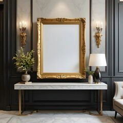 Elegant Empty Gold Frame in Luxurious Black and White Interior.A sophisticated, high-end interior scene showcasing a large, ornate gold frame with a blank canvas.