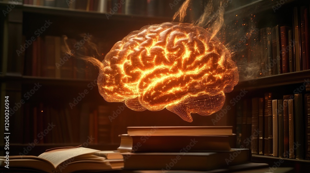 Poster illuminated brain above stacked books in library