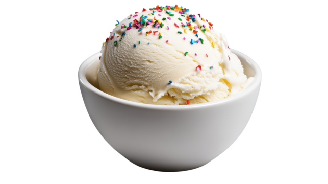 Delicious vanilla ice cream topped with colorful sprinkles. transparent background