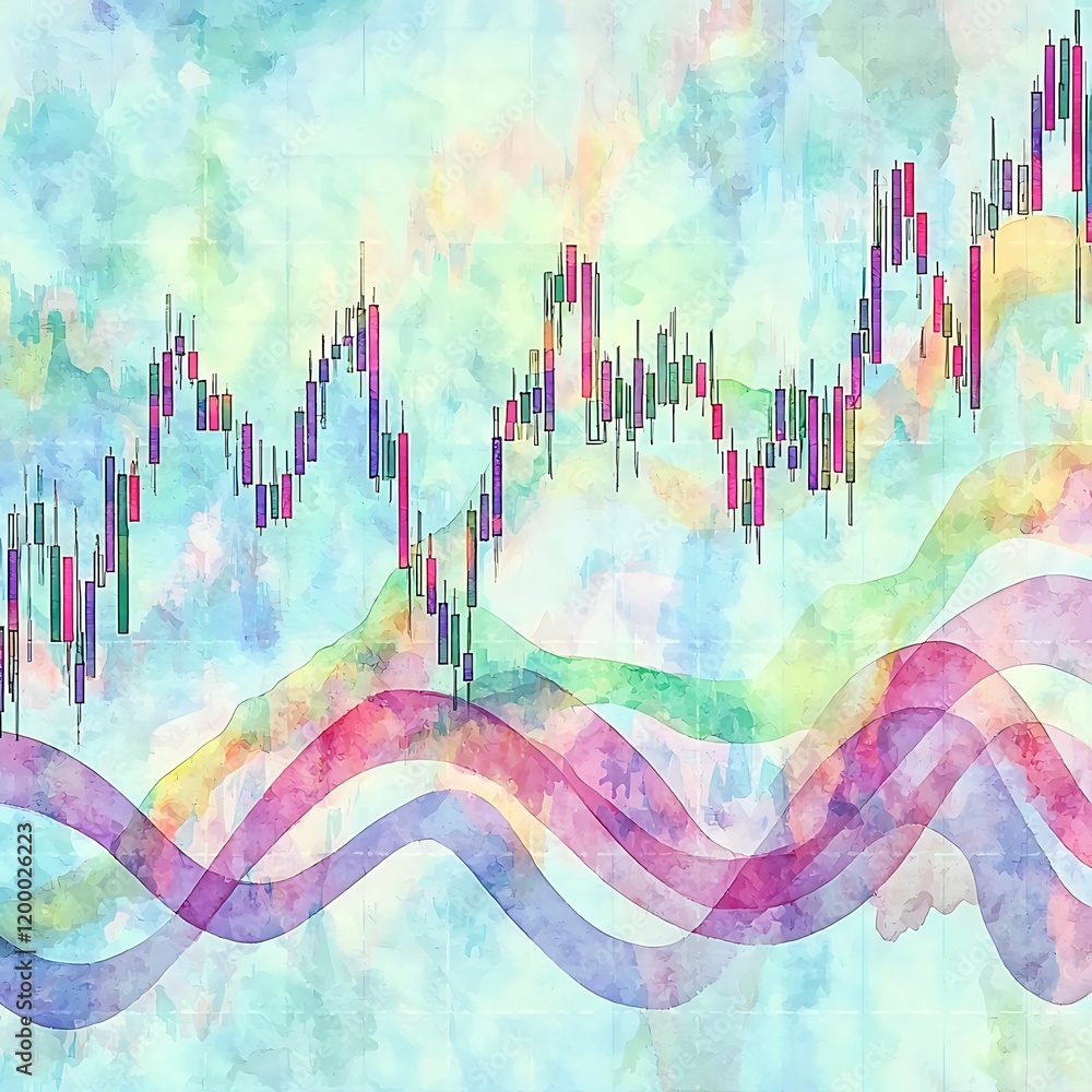 Poster abstract financial chart with colorful waves and candlestick patterns, representing market trends an