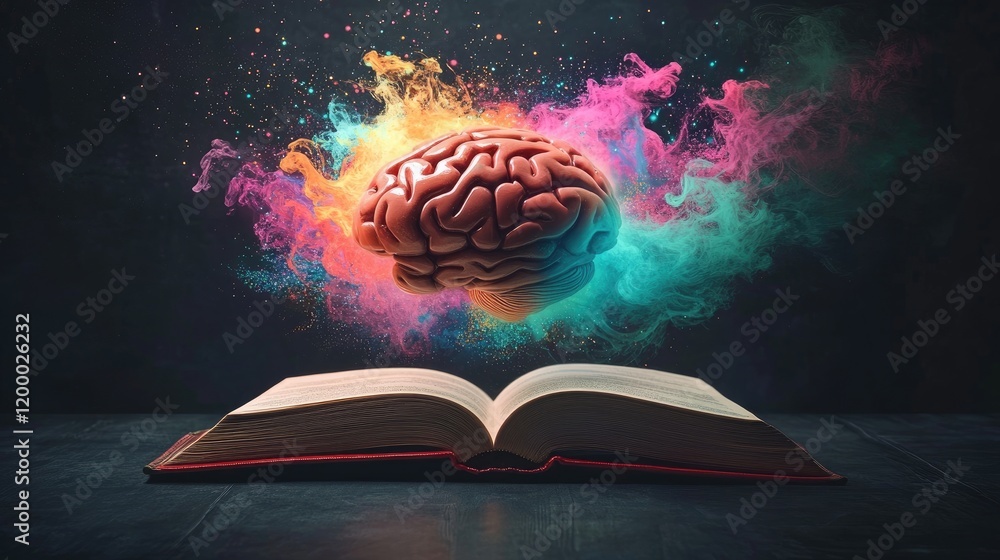 Poster colorful brain emerging from open book knowledge