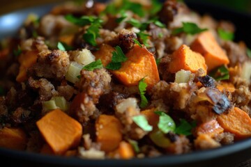 A close-up shot of a black bowl filled with a mix of different foods, possibly for cooking or serving