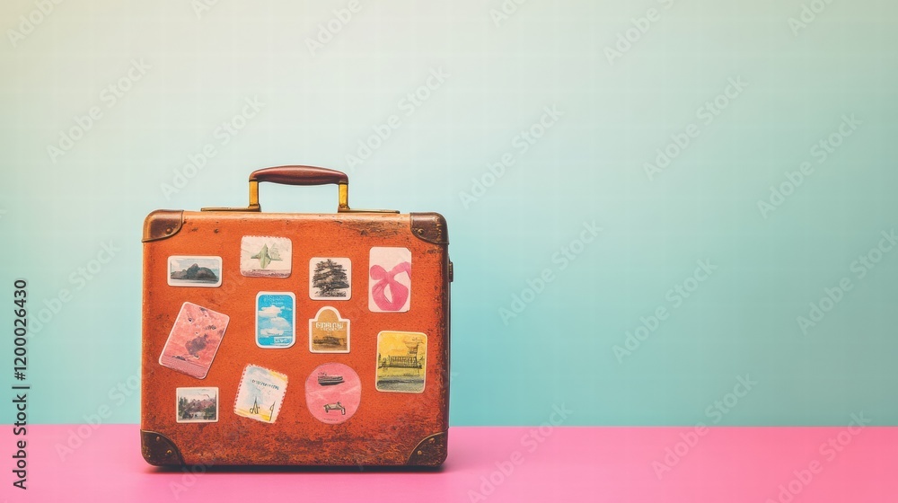 Poster retro suitcase adorned with colorful travel stickers evokes wanderlust for adventure and exploration