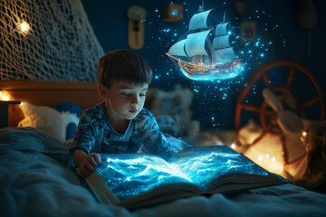 boy reading magic book with fantasy story about pirates, ship and adventure in his bedroom. transparent pirate ship flying out of book with fairytale. reading interesting book. imagination of children