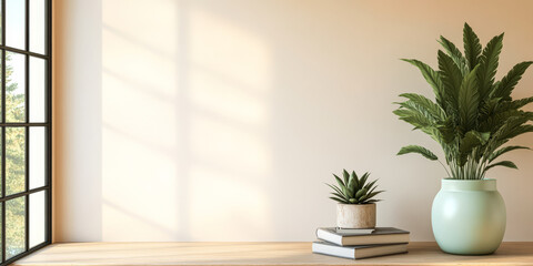Fototapeta premium Modern interior featuring plants and books on a wooden shelf by a sunny window