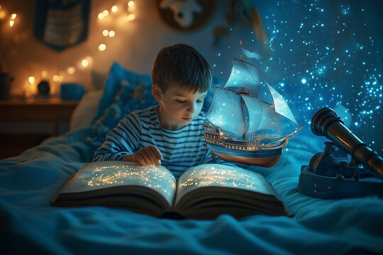 boy reading magic book with fantasy story about pirates, ship and adventure in his bedroom. transparent pirate ship flying out of book with fairytale. reading interesting book. imagination of children
