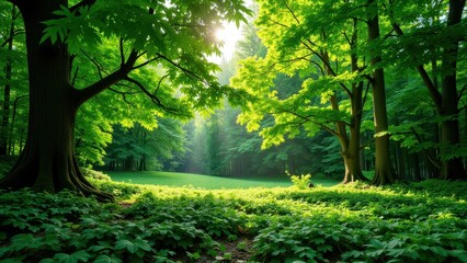 Obraz premium Sunlit forest glade; vibrant greens dappled by light filtering through lush canopy. Majestic, leafy giants stand tall, whispering secrets of nature's serenity