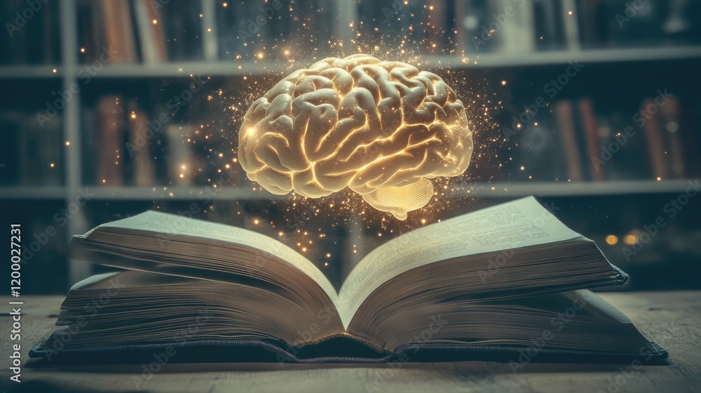 Poster Illuminated Brain Above Open Book In Library Setting
