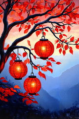 Fototapeta premium Magical Red Lanterns Illuminating Autumn Tree Against Misty Mountain Sunset